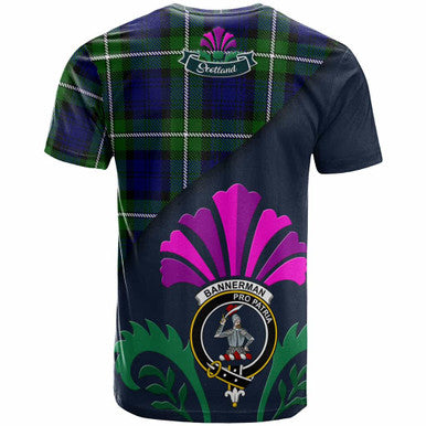 Scottish Bannerman Clan Crest Tartan T-Shirt - Scotland Thistle Style Back Side Tartan Plaid