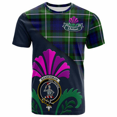 Scottish Bannerman Clan Crest Tartan T-Shirt - Scotland Thistle Style Front Side Tartan Plaid