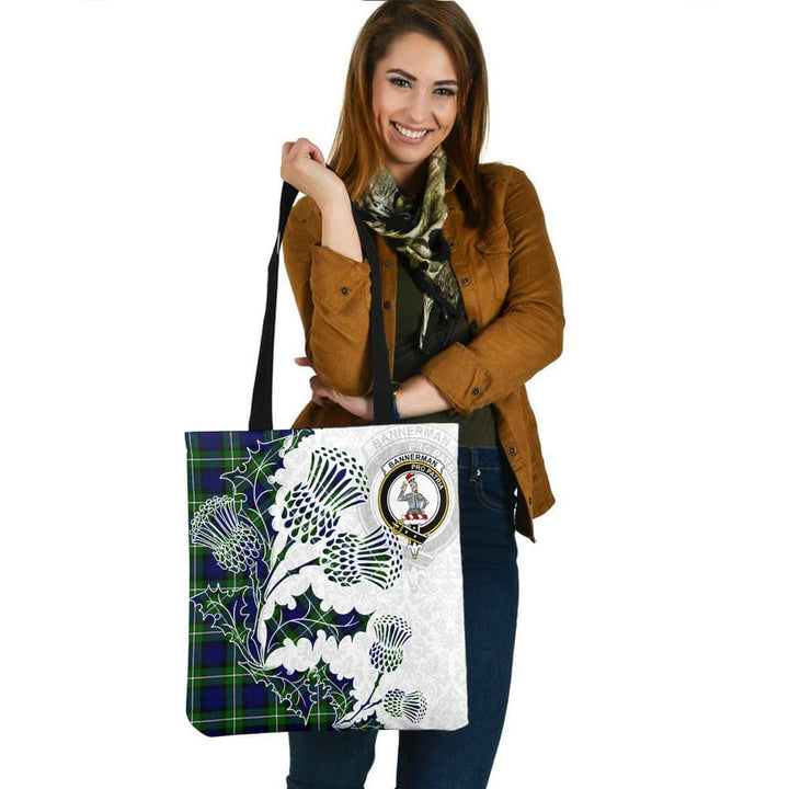 Scottish Bannerman Clan Crest Tartan Tote Bag - Thistle Flowers Style Tartan Plaid 2