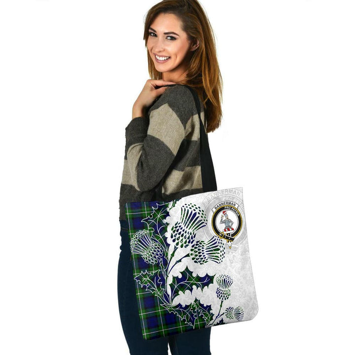 Scottish Bannerman Clan Crest Tartan Tote Bag - Thistle Flowers Style Tartan Plaid 3