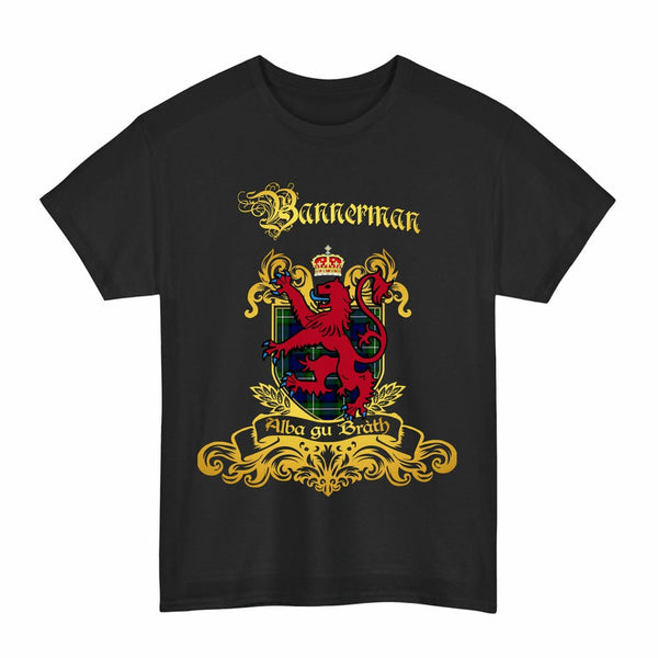 Scottish Bannerman Clan Tartan Lion Rampant of Scotland T-Shirt Tartan Plaid Black Color