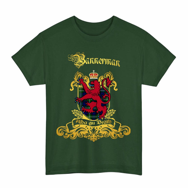 Scottish Bannerman Clan Tartan Lion Rampant of Scotland T-Shirt Tartan Plaid Forest Green Color