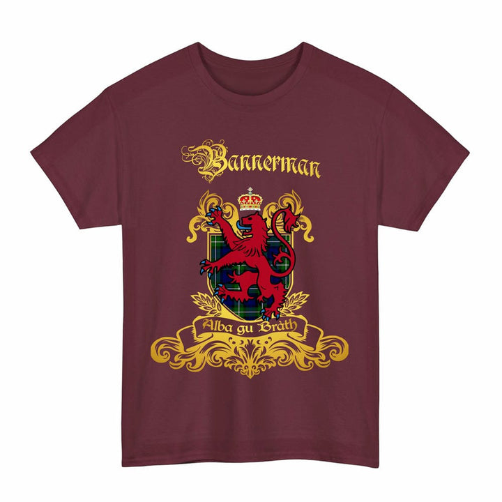 Scottish Bannerman Clan Tartan Lion Rampant of Scotland T-Shirt Tartan Plaid Maroon Color