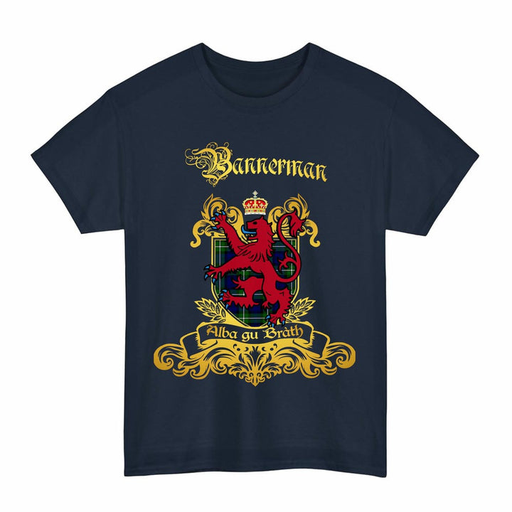 Scottish Bannerman Clan Tartan Lion Rampant of Scotland T-Shirt Tartan Plaid Navy Color