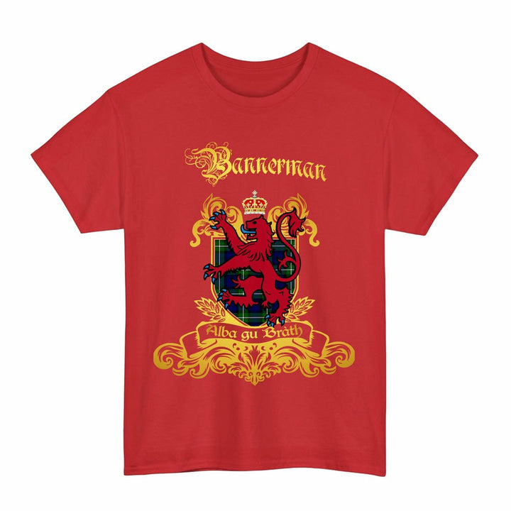Scottish Bannerman Clan Tartan Lion Rampant of Scotland T-Shirt Tartan Plaid Red Color