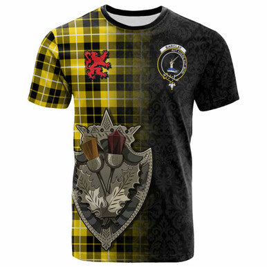 Scottish Barclay Clan Crest Tartan T-Shirt - Half Thistle Flowers Celtic Design Front Side Tartan Plaid