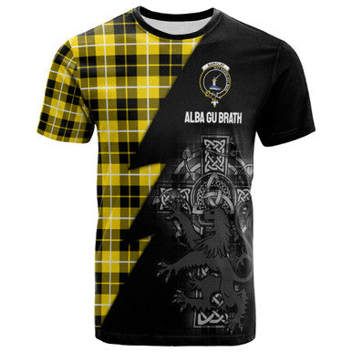 Scottish Barclay Clan Crest Tartan T-Shirt - Lion Rampant Celtic Cross Flash Style Front Side Tartan Plaid