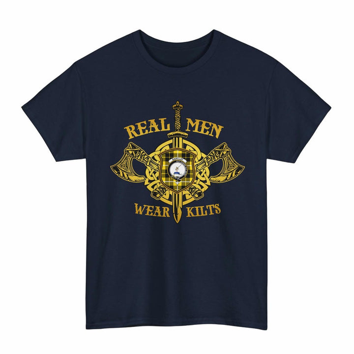 Scottish Barclay Clan Crest Tartan T-Shirt Real Men Wear Kilts Tartan Plaid Navy Color
