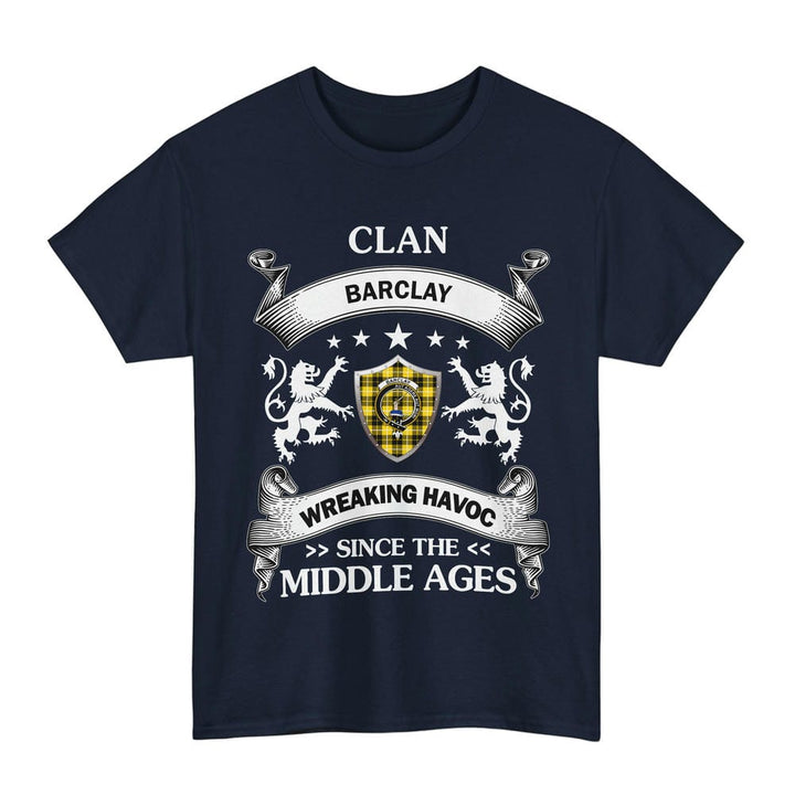 Scottish Barclay Clan Crest Tartan T-Shirt Wreaking Havoc Design Tartan Plaid Navy Color