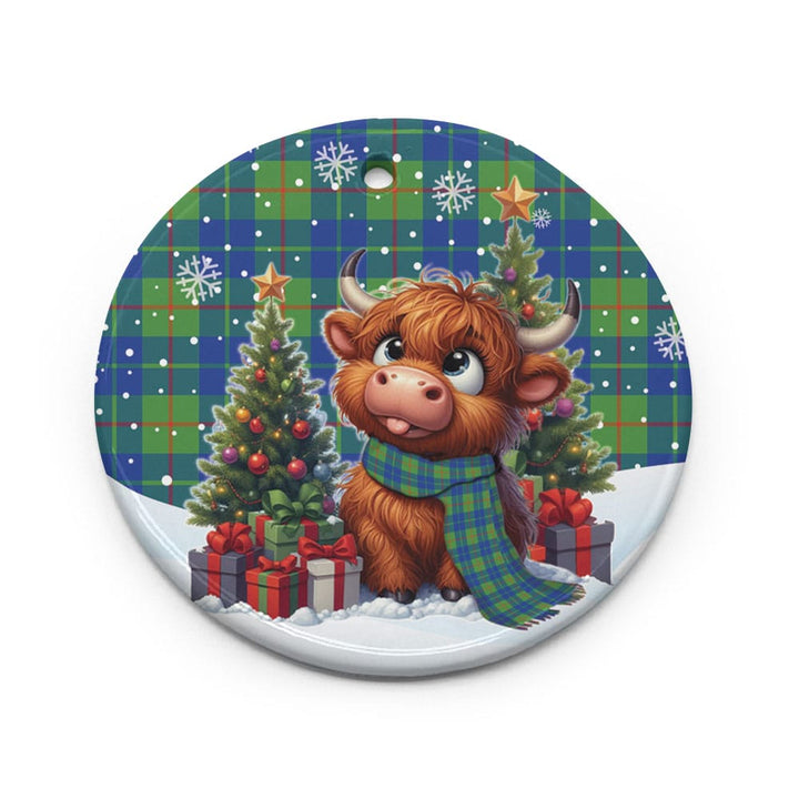 Scottish Barclay Hunting Ancient Clan Tartan Ceramic Ornament Cute Highland Cow Christmas Circle Style Tartan Plaid