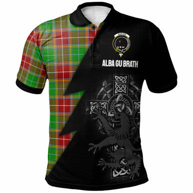 Scottish Baxter Clan Crest Tartan Polo Shirt - Lion Rampant Celtic Cross Flash Style Front Side Tartan Plaid