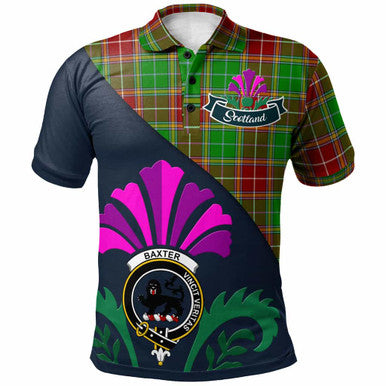 Scottish Baxter Clan Crest Tartan Polo Shirt - Scotland Thistle Style Front Side Tartan Plaid