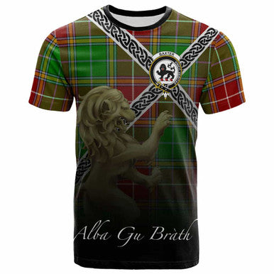 Scottish Baxter Clan Crest Tartan T-Shirt - Celtic With Scotland Lion Front Side Tartan Plaid