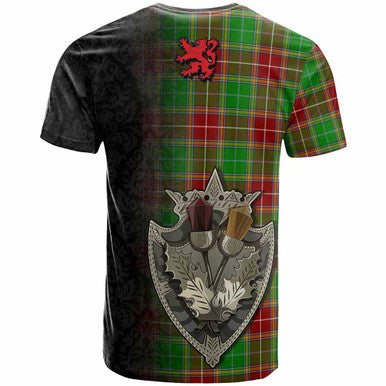 Scottish Baxter Clan Crest Tartan T-Shirt - Half Thistle Flowers Celtic Design Back Side Tartan Plaid