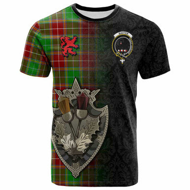 Scottish Baxter Clan Crest Tartan T-Shirt - Half Thistle Flowers Celtic Design Front Side Tartan Plaid