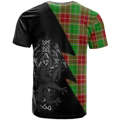 Scottish Baxter Clan Crest Tartan T-Shirt - Lion Rampant Celtic Cross Flash Style Back Side Tartan Plaid