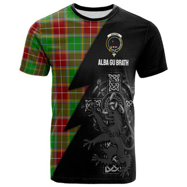 Scottish Baxter Clan Crest Tartan T-Shirt - Lion Rampant Celtic Cross Flash Style Front Side Tartan Plaid