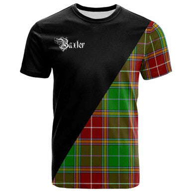 Scottish Baxter Clan Crest Tartan T-Shirt - Military Logo Front Side Tartan Plaid