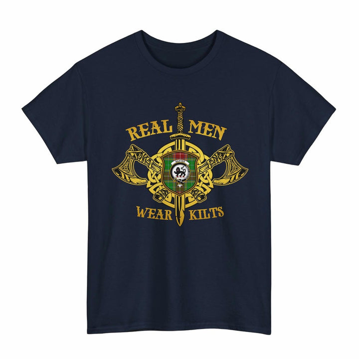 Scottish Baxter Clan Crest Tartan T-Shirt Real Men Wear Kilts Tartan Plaid Navy Color