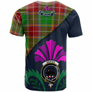 Scottish Baxter Clan Crest Tartan T-Shirt - Scotland Thistle Style Back Side Tartan Plaid