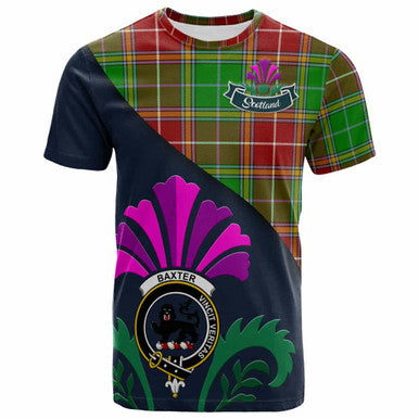 Scottish Baxter Clan Crest Tartan T-Shirt - Scotland Thistle Style Front Side Tartan Plaid