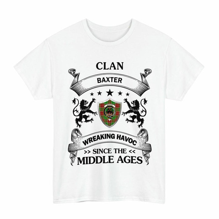 Scottish Baxter Clan Crest Tartan T-Shirt Wreaking Havoc Design Tartan Plaid White Color