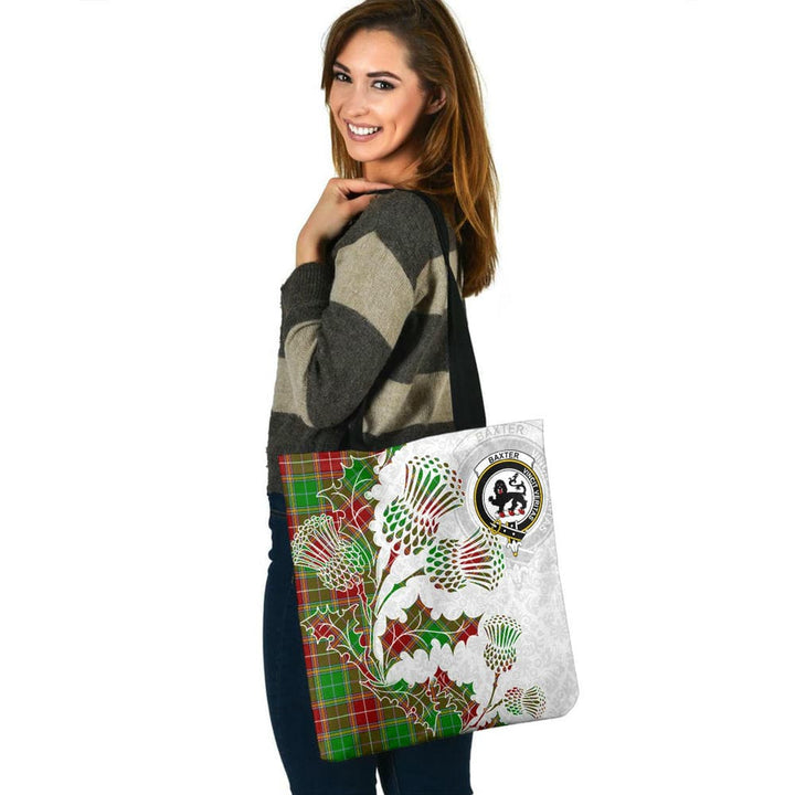 Scottish Baxter Clan Crest Tartan Tote Bag - Thistle Flowers Style Tartan Plaid 3