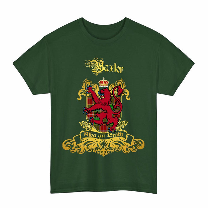 Scottish Baxter Clan Tartan Lion Rampant of Scotland T-Shirt Tartan Plaid Forest Green Color