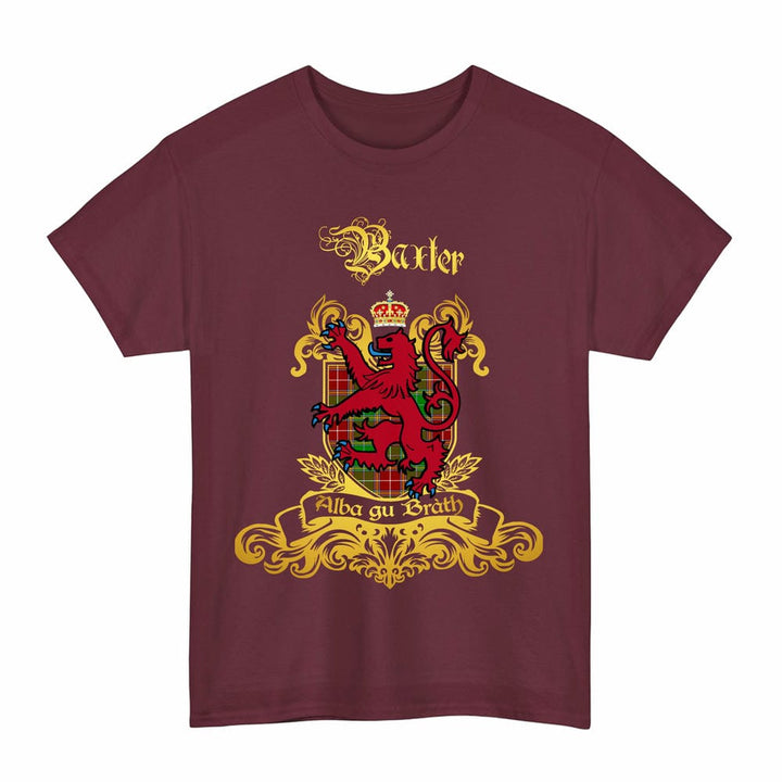 Scottish Baxter Clan Tartan Lion Rampant of Scotland T-Shirt Tartan Plaid Maroon Color