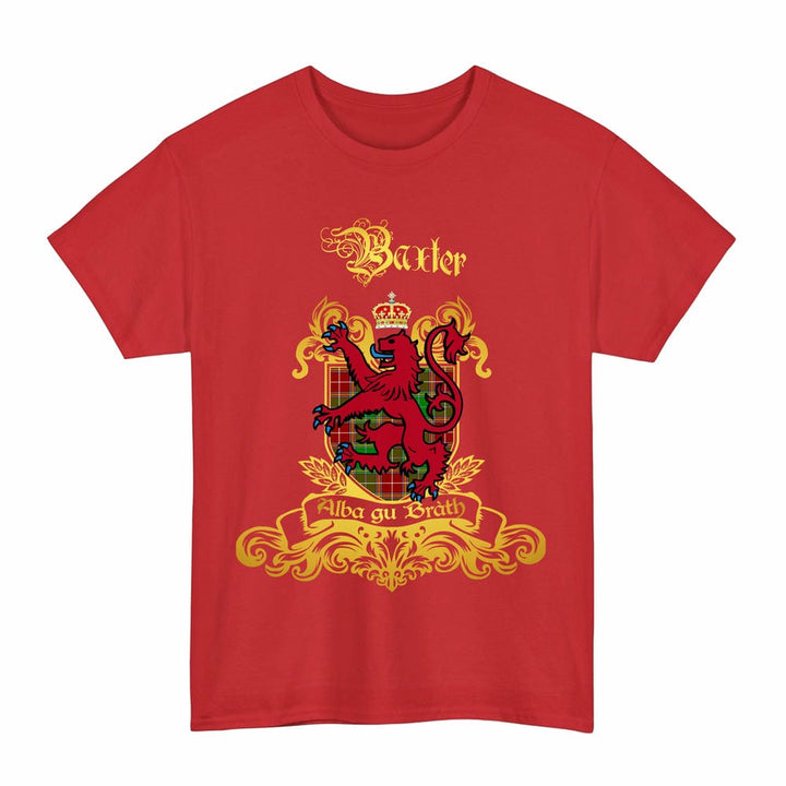 Scottish Baxter Clan Tartan Lion Rampant of Scotland T-Shirt Tartan Plaid Red Color