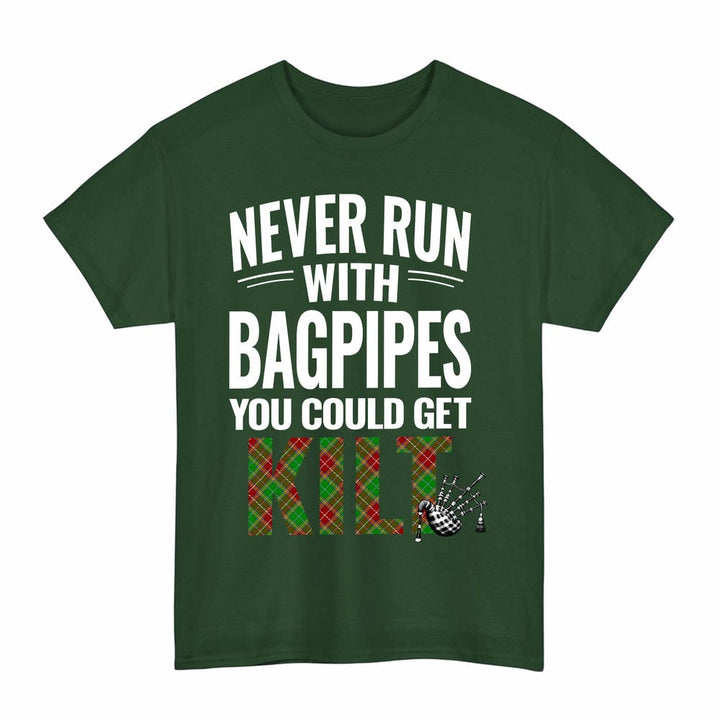 Scottish Baxter Modern Clan Tartan Never Run With Bagpipes T-Shirt Tartan Plaid Forest Green Color