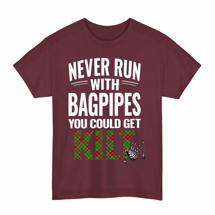 Scottish Baxter Modern Clan Tartan Never Run With Bagpipes T-Shirt Tartan Plaid Maroon Color