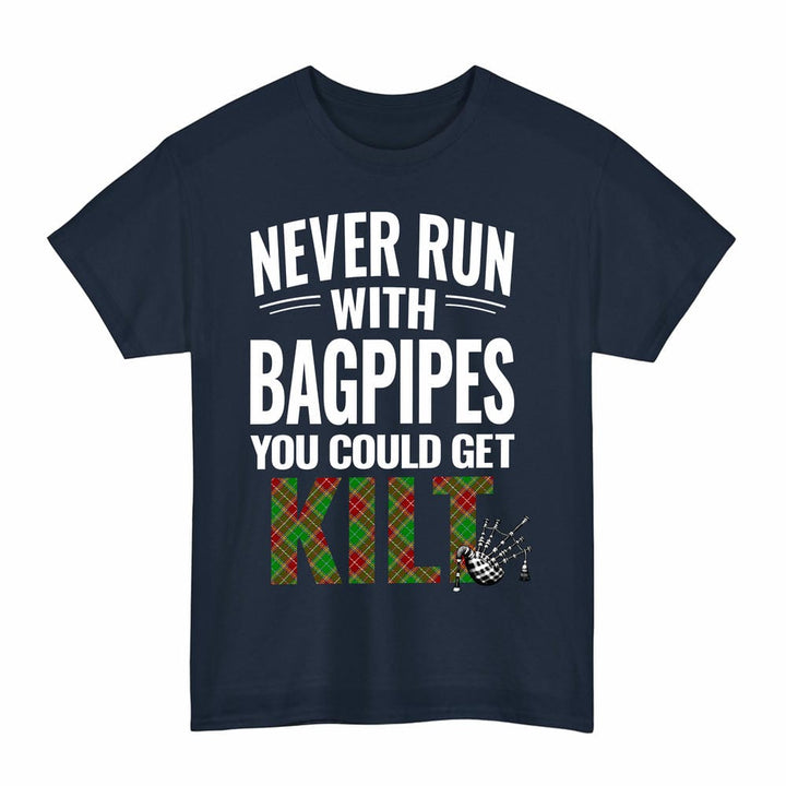 Scottish Baxter Modern Clan Tartan Never Run With Bagpipes T-Shirt Tartan Plaid Navy Color
