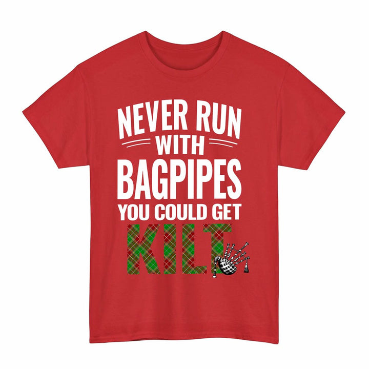 Scottish Baxter Modern Clan Tartan Never Run With Bagpipes T-Shirt Tartan Plaid Red Color