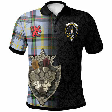 Scottish Bell Clan Crest Tartan Polo Shirt - Half Thistle Flowers Celtic Design Front Side Tartan Plaid