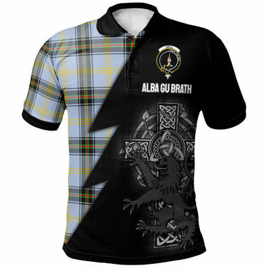 Scottish Bell Clan Crest Tartan Polo Shirt - Lion Rampant Celtic Cross Flash Style Front Side Tartan Plaid