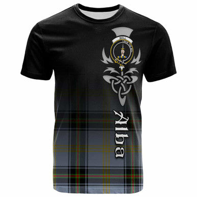 Scottish Bell Clan Crest Tartan T-Shirt - Alba Gu Brath Family Crest Celtic Inspired Front Side Tartan Plaid