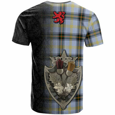 Scottish Bell Clan Crest Tartan T-Shirt - Half Thistle Flowers Celtic Design Back Side Tartan Plaid