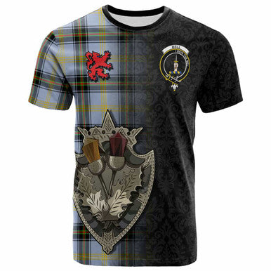 Scottish Bell Clan Crest Tartan T-Shirt - Half Thistle Flowers Celtic Design Front Side Tartan Plaid