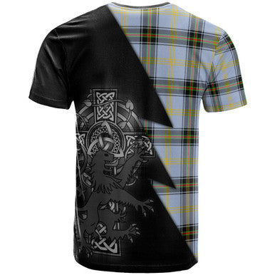 Scottish Bell Clan Crest Tartan T-Shirt - Lion Rampant Celtic Cross Flash Style Back Side Tartan Plaid
