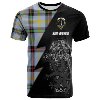 Scottish Bell Clan Crest Tartan T-Shirt - Lion Rampant Celtic Cross Flash Style Front Side Tartan Plaid