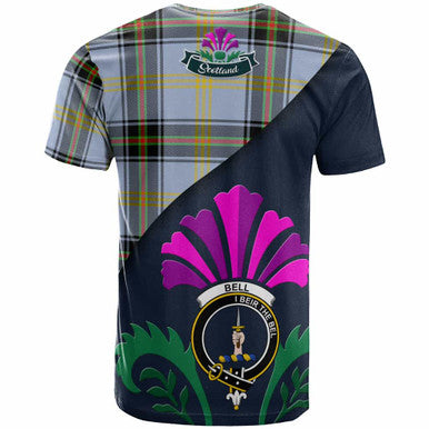 Scottish Bell Clan Crest Tartan T-Shirt - Scotland Thistle Style Back Side Tartan Plaid