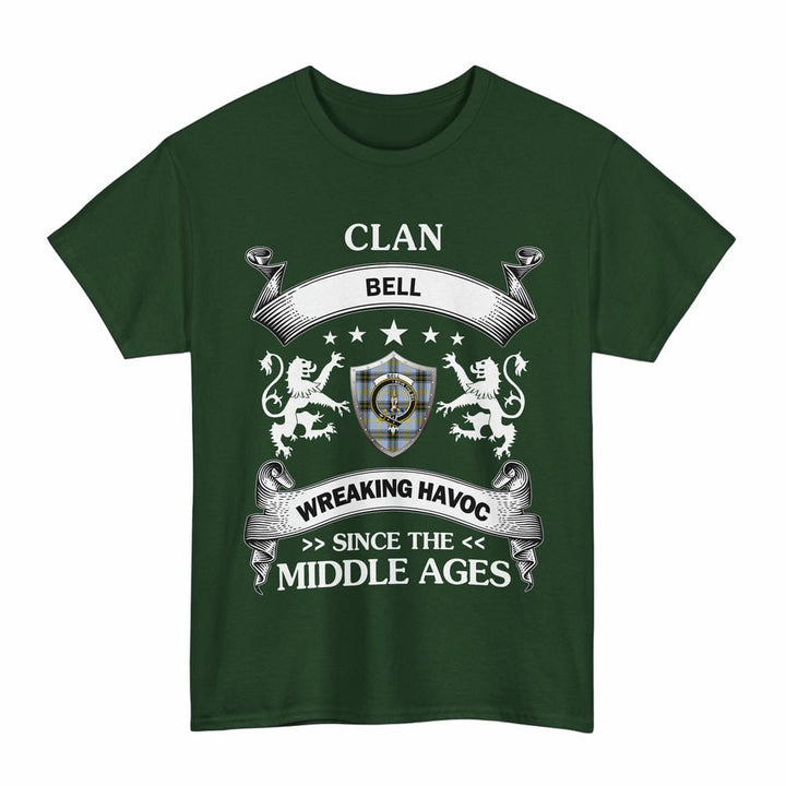 Scottish Bell Clan Crest Tartan T-Shirt Wreaking Havoc Design Tartan Plaid Forest Green Color
