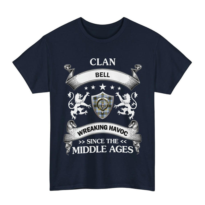 Scottish Bell Clan Crest Tartan T-Shirt Wreaking Havoc Design Tartan Plaid Navy Color
