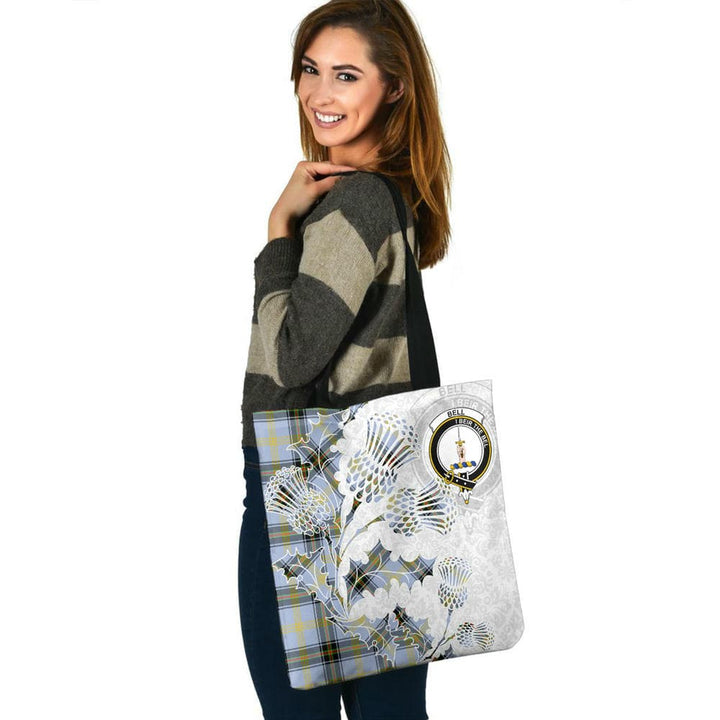 Scottish Bell Clan Crest Tartan Tote Bag - Thistle Flowers Style Tartan Plaid 3