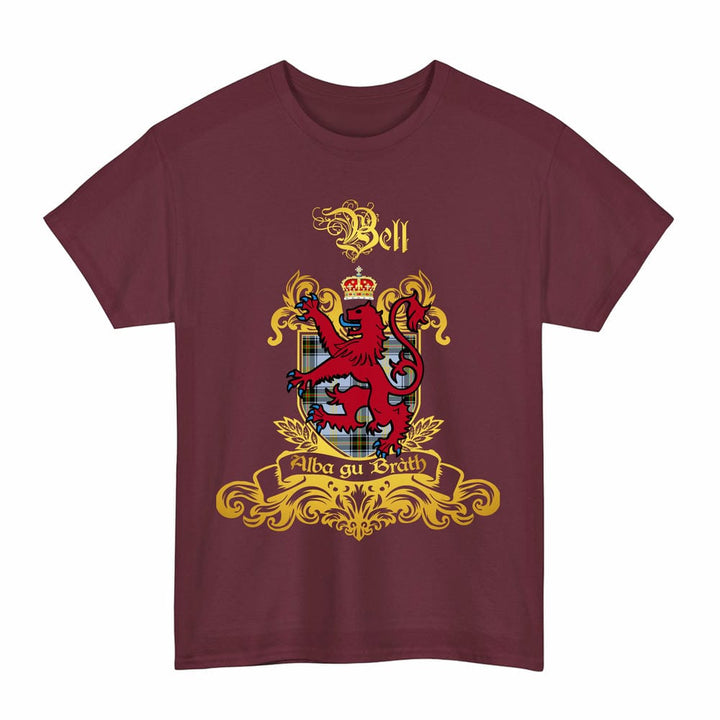 Scottish Bell Clan Tartan Lion Rampant of Scotland T-Shirt Tartan Plaid Maroon Color