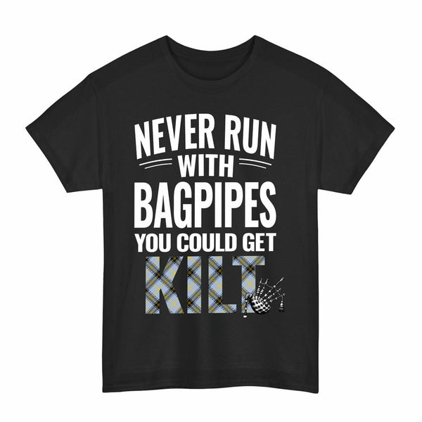 Scottish Bell of the Borders Clan Tartan Never Run With Bagpipes T-Shirt Tartan Plaid Black Color