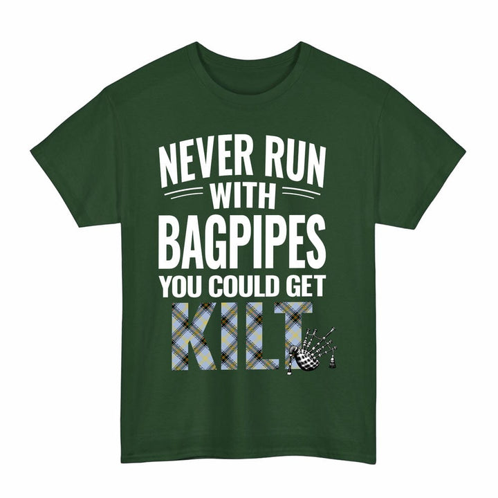 Scottish Bell of the Borders Clan Tartan Never Run With Bagpipes T-Shirt Tartan Plaid Forest Green Color