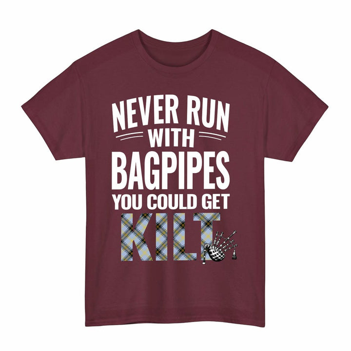 Scottish Bell of the Borders Clan Tartan Never Run With Bagpipes T-Shirt Tartan Plaid Maroon Color