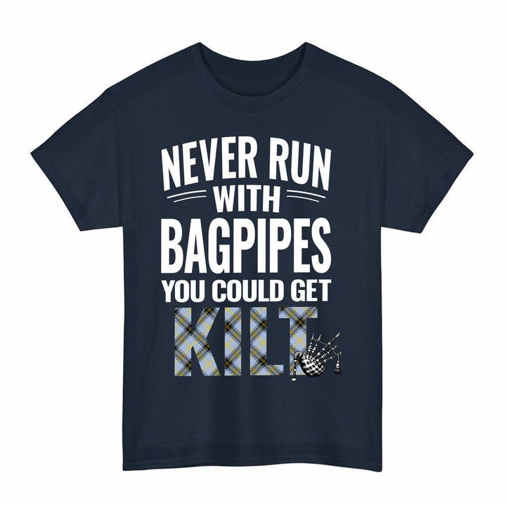 Scottish Bell of the Borders Clan Tartan Never Run With Bagpipes T-Shirt Tartan Plaid Navy Color